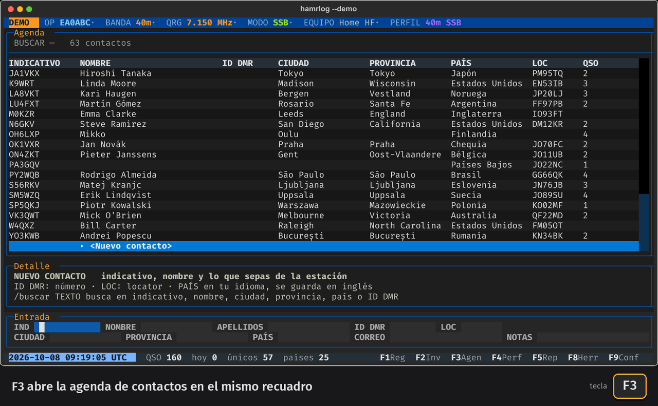Animación: con F3 se abre la agenda, se rellena la ficha de EA1XYZ, Carmen Ruiz Soto, de Gijón, y se guarda; se busca por gijón y por madrid; con F1 se vuelve al registro y al escribir EA1XYZ aparecen su nombre y su QTH.