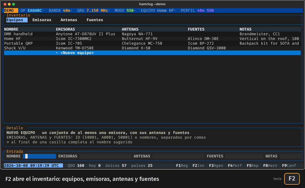 Animación: con F2 se abre el inventario, se recorren las pestañas con Ctrl+N, se filtran las emisoras por marca con Alt+flecha abajo y con /marca icom, y se da de alta el equipo Móvil con una Icom ID-5100E y una antena Diamond SG7900, completadas con la flecha derecha.
