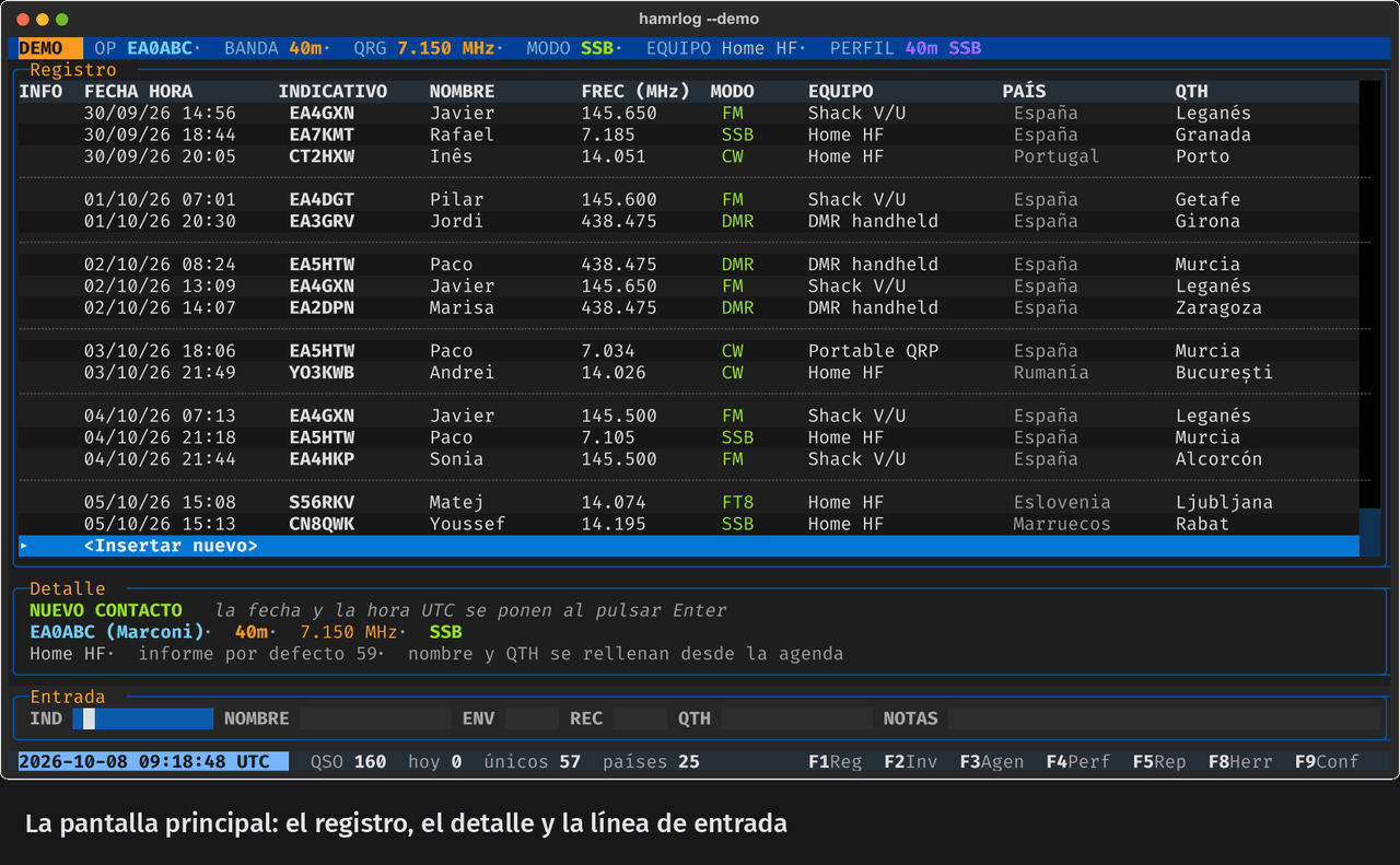 Animación: se escribe EA4DGT, sale el aviso de duplicado y se registra con Enter; luego se registra F4KLM rellenando nombre, informes y QTH con Tab, se sube por el registro, se edita un QSO con E para añadir una nota y se cambia la frecuencia con /frec 14.250.